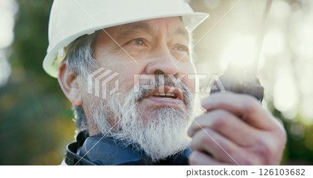 Building, radio and thinking with developer man outdoor on excavation site as construction worker. Communication, development and update with mature Asian person talking for architecture or planning Building, radio and thinking with developer man outdoor on excavation site as construction worker. Communication, development and update with mature Asian person talking for architecture or planning 126103682