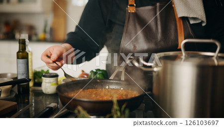 Hands, cooking and chef with spice, pot and preparation for dinner in kitchen, cuisine and restaurant. Catering, employee and person with food for supper, hospitality and skills for gourmet in diner Hands, cooking and chef with spice, pot and preparation for dinner in kitchen, cuisine and restaurant. Catering, employee and person with food for supper, hospitality and skills for gourmet in diner 126103697