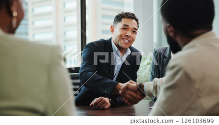 Business, people and handshake with partnership in meeting for finance deal, welcome offer and agreement. Financial analyst, happy and shaking hands in office for negotiation and investment success Business, people and handshake with partnership in meeting for finance deal, welcome offer and agreement. Financial analyst, happy and shaking hands in office for negotiation and investment success 126103699