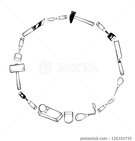 Woodworking tools frame brush line drawing illustration 126103735