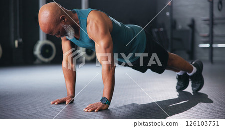 Push ups, fitness and senior man in gym, training and body workout with core strength. Pensioner, health club and elderly person in wellness center, exercise and retirement with energy and routine Push ups, fitness and senior man in gym, training and body workout with core strength. Pensioner, health club and elderly person in wellness center, exercise and retirement with energy and routine 126103751