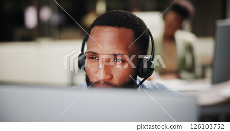 Contact center, man or computer for customer care call, sales consulting or loan advice in night. Help, financial advisor or business for finance questions with headset for feedback or banking limit 126103752