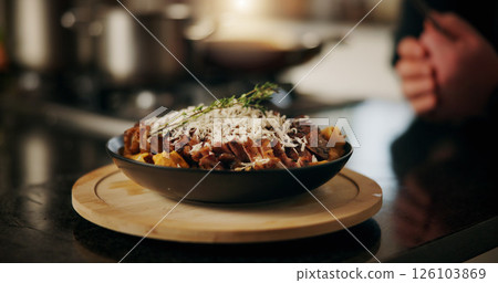 Cooking, food and steak dish in kitchen for dinner recipe, meal presentation and gourmet cuisine. Garnish, chef and lunch preparation with healthy ingredients, catering service and protein nutrition 126103869