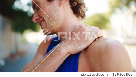 Man, shoulder pain or fitness injury in city, muscle spasm or tension with exercise ache. Fibromyalgia, stiff joints or male athlete with medical emergency, health issue or inflammation outdoor Man, shoulder pain or fitness injury in city, muscle spasm or tension with exercise ache. Fibromyalgia, stiff joints or male athlete with medical emergency, health issue or inflammation outdoor 126103902