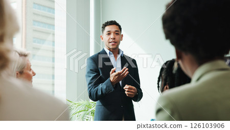 Man, presentation and meeting for workshop with office, support and employee engagement. Male person, seminar and explain with speaker, training and briefing for advice, learning and brainstorming 126103906