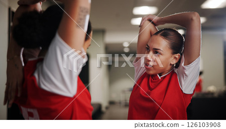 Athlete, soccer and women in locker room for stretching, preparation for match with conversation and warm up. Football player, team and people ready for tournament, competition and fitness with chat Athlete, soccer and women in locker room for stretching, preparation for match with conversation and warm up. Football player, team and people ready for tournament, competition and fitness with chat 126103908