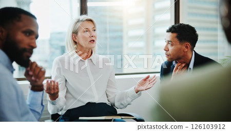 Meeting, manager and business people in office for feedback, advice or review on company profit. Discussion, planning and team of finance advisors with supervisor for investment proposal in workplace Meeting, manager and business people in office for feedback, advice or review on company profit. Discussion, planning and team of finance advisors with supervisor for investment proposal in workplace 126103912