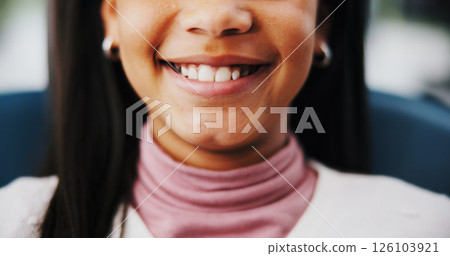 Dentistry, child and smile with teeth for dental, hygiene care and wellness for treatment appointment. Closeup, mouth and girl with happiness for oral healthcare, examination and orthodontist visit 126103921