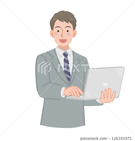 A businessman holding and operating a personal computer A businessman holding and operating a personal computer 126103971