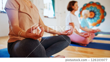 Hands, lotus and women with group meditation for calm mindset, zen or peace in mental wellness. Posture, morning and people in class together for mindfulness, relax or holistic self care on yoga mat Hands, lotus and women with group meditation for calm mindset, zen or peace in mental wellness. Posture, morning and people in class together for mindfulness, relax or holistic self care on yoga mat 126103977