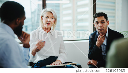 Business people, therapist or meeting with discussion for mental health, recovery or rehabilitation. Counseling, team or employees with support group for work intervention or therapy session together 126103985