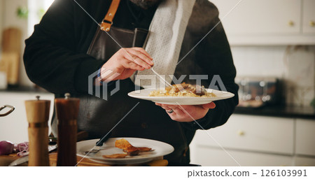 Cooking, food or hands of chef with plate in kitchen of home for diet, private service or nutrition. Ingredients, recipe or closeup of man with dish in house for gourmet cuisine, hospitality or lunch Cooking, food or hands of chef with plate in kitchen of home for diet, private service or nutrition. Ingredients, recipe or closeup of man with dish in house for gourmet cuisine, hospitality or lunch 126103991