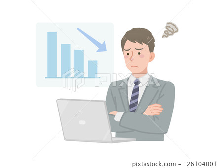一位雙臂交叉的商人和一張下降的圖表 一位雙臂交叉的商人和一張下降的圖表 126104001