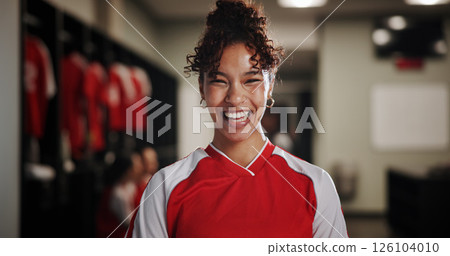 Happy girl, portrait and soccer player in locker room for game, match preparation or professional sport. Face, female person or athlete with smile for football tournament, competition or challenge 126104010
