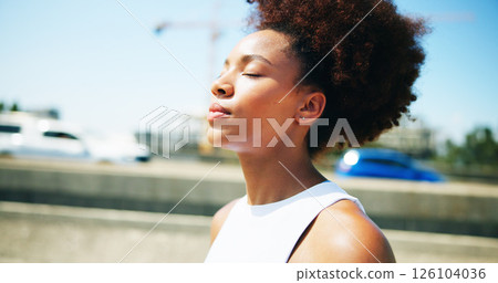 Outdoor, breathing and woman with fresh air, meditation and peaceful with awareness on street and calm. City, spiritual and black person with routine in morning, zen and stress relief on urban road 126104036