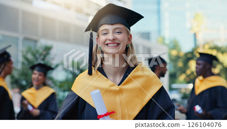 Happy, woman and portrait of graduate in city for education goal, qualification or achievement. Smile, outdoor and university student with pride for college degree with learning at campus in town. Happy, woman and portrait of graduate in city for education goal, qualification or achievement. Smile, outdoor and university student with pride for college degree with learning at campus in town. 126104076