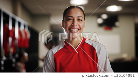 Happy girl, portrait and soccer player in locker room for professional sport, game or match preparation. Face, female person or athlete with smile for football tournament, competition or challenge 126104091