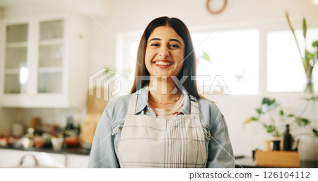 Portrait, chef and woman with smile, kitchen and confident for culinary skills, food industry or morning. Home, entrepreneur and person with pride for catering business, growth and opportunity in USA 126104112
