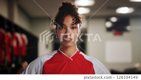 Serious, girl or soccer player in portrait for sports, match competition or tournament. Locker room, development or woman in changing area ready for football game, challenge or playing in contest 126104149