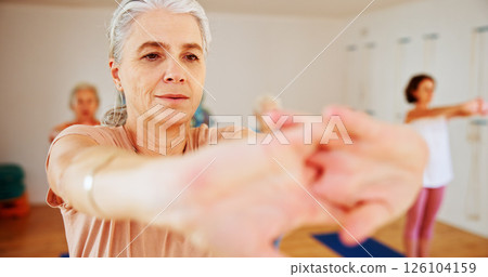 Senior woman, stretching and instructor in yoga class for fitness, exercise and community for wellness. Elderly person, teaching and pilates for spiritual healing, balance and group at health club Senior woman, stretching and instructor in yoga class for fitness, exercise and community for wellness. Elderly person, teaching and pilates for spiritual healing, balance and group at health club 126104159