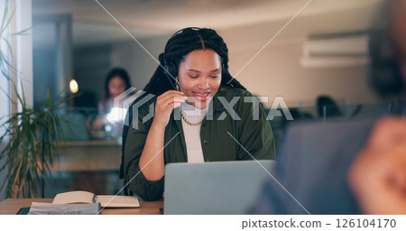 Woman, headset and talking at call center, night and discussion for lead generation with laptop. Person, virtual consultation and computer with voip, mic and contact us with job at startup company 126104170