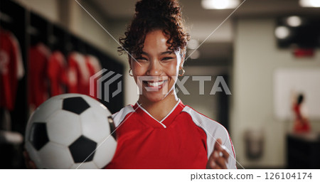 Locker room, woman and portrait with soccer player for sports, match competition and athlete. Changing area, professional and female person with smile for football, game and confident for playing 126104174