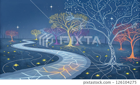 A whimsical night scene with glowing trees and a winding path. 126104275
