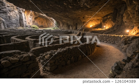 Mysterious underground labyrinth with stone walls and dim lighting. 126104389