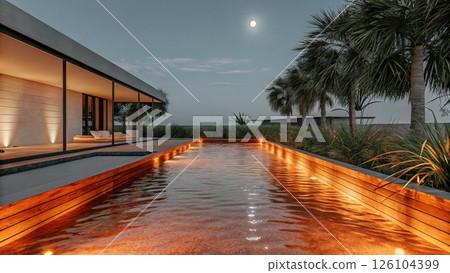 Modern home with pool under moonlight and palm trees. Modern home with pool under moonlight and palm trees. 126104399