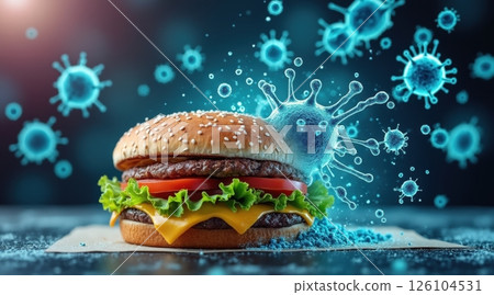 Burger surrounded by virus illustrations and sparkling effects. 126104531