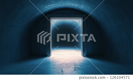 Mysterious tunnel with illuminated doorway ahead Mysterious tunnel with illuminated doorway ahead 126104571