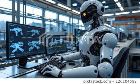 Robot working on computer in a modern industrial setting. Robot working on computer in a modern industrial setting. 126104582