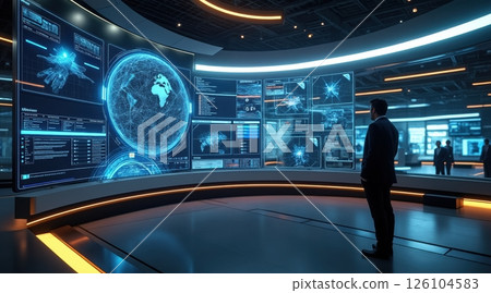 Futuristic control room with data displays and a viewer. 126104583