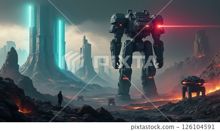 Futuristic landscape with a towering robot and distant structures. Futuristic landscape with a towering robot and distant structures. 126104591