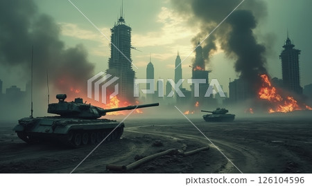 Desolate cityscape with tanks amidst destruction and smoke. 126104596