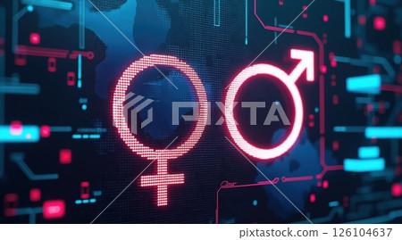 gender equality concept, Digital representation of gender symbols and technology interface. gender equality concept, Digital representation of gender symbols and technology interface. 126104637