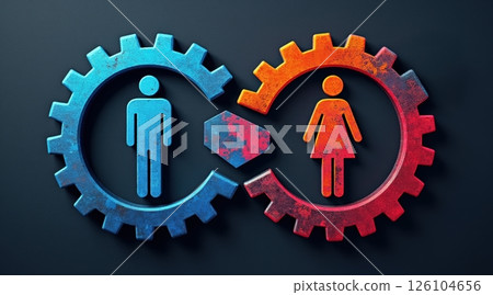 gender equality concept, Interlocking gears with male and female symbols represented. gender equality concept, Interlocking gears with male and female symbols represented. 126104656