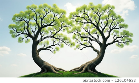 Two trees shaped like a heart against a blue sky. Two trees shaped like a heart against a blue sky. 126104658