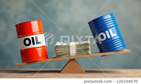 Oil barrels balanced on cash, symbolizing economic value. 126104670