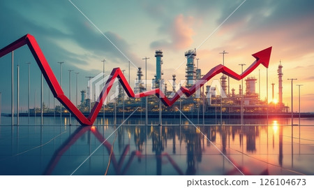 Dynamic growth graph over an industrial skyline at sunset. Dynamic growth graph over an industrial skyline at sunset. 126104673