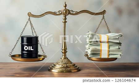 Oil barrel and money weighing on a vintage scale. Oil barrel and money weighing on a vintage scale. 126104674