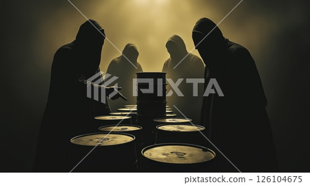 Mysterious figures surrounding barrels in dimly lit atmosphere. Mysterious figures surrounding barrels in dimly lit atmosphere. 126104675