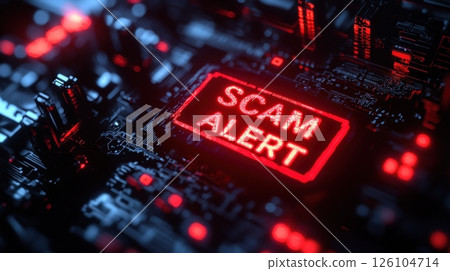 Scam and Fraud concept, Digital alert warning against scams on circuit background. 126104714