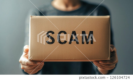 Scam and Fraud concept, Box labeled "SCAM" held by a person. Scam and Fraud concept, Box labeled "SCAM" held by a person. 126104724