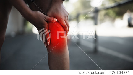 Hands, knee pain or exercise overlay in city, muscle cramps or tension for fitness mistake. Fibromyalgia, discomfort and female athlete for tendon tear, leg fracture or red inflammation glow outdoor 126104875