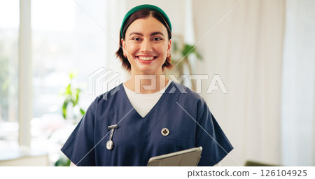 Portrait, caregiver and woman with tablet, confident and happy to help in nursing home or internship. Healthcare, medical professional and nurse with tech for service, consultant and person in USA 126104925