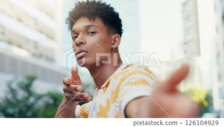 Hand, frame and portrait of man in city with confidence for style, trendy or outfit. Creative, perspective and selfie of person in urban town for fashion, gen z aesthetic and picture for photography Hand, frame and portrait of man in city with confidence for style, trendy or outfit. Creative, perspective and selfie of person in urban town for fashion, gen z aesthetic and picture for photography 126104929