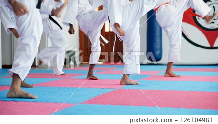 Karate, children and legs at dojo for fighting, self defense or fitness training together. Practice, kids and body of students with kicking exercise for martial arts, workout or aikido lesson at gym. 126104981