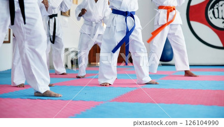 Karate, kids and legs at dojo for fighting, self defense or fitness training together. Practice, children and body of students with kicking exercise for martial arts, workout or aikido lesson at gym. Karate, kids and legs at dojo for fighting, self defense or fitness training together. Practice, children and body of students with kicking exercise for martial arts, workout or aikido lesson at gym. 126104990