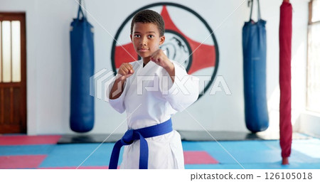 Karate, portrait and ready with boy student in dojo for combat, martial arts or sports training. Exercise, fitness and workout with serious African child in gym for education, development or growth 126105018